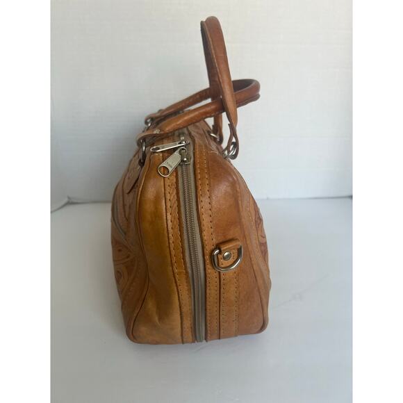 American West Hand Tooled Stained Brown Leather Floral Design Satchel Handbag - Picture 3 of 10